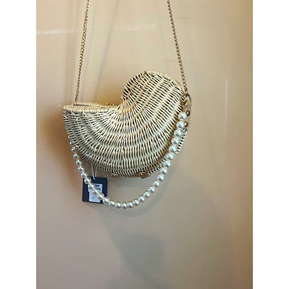 Haute Hippie Natural Wicker Crescent Crossbody Bag Gold Chain Strap Pearl